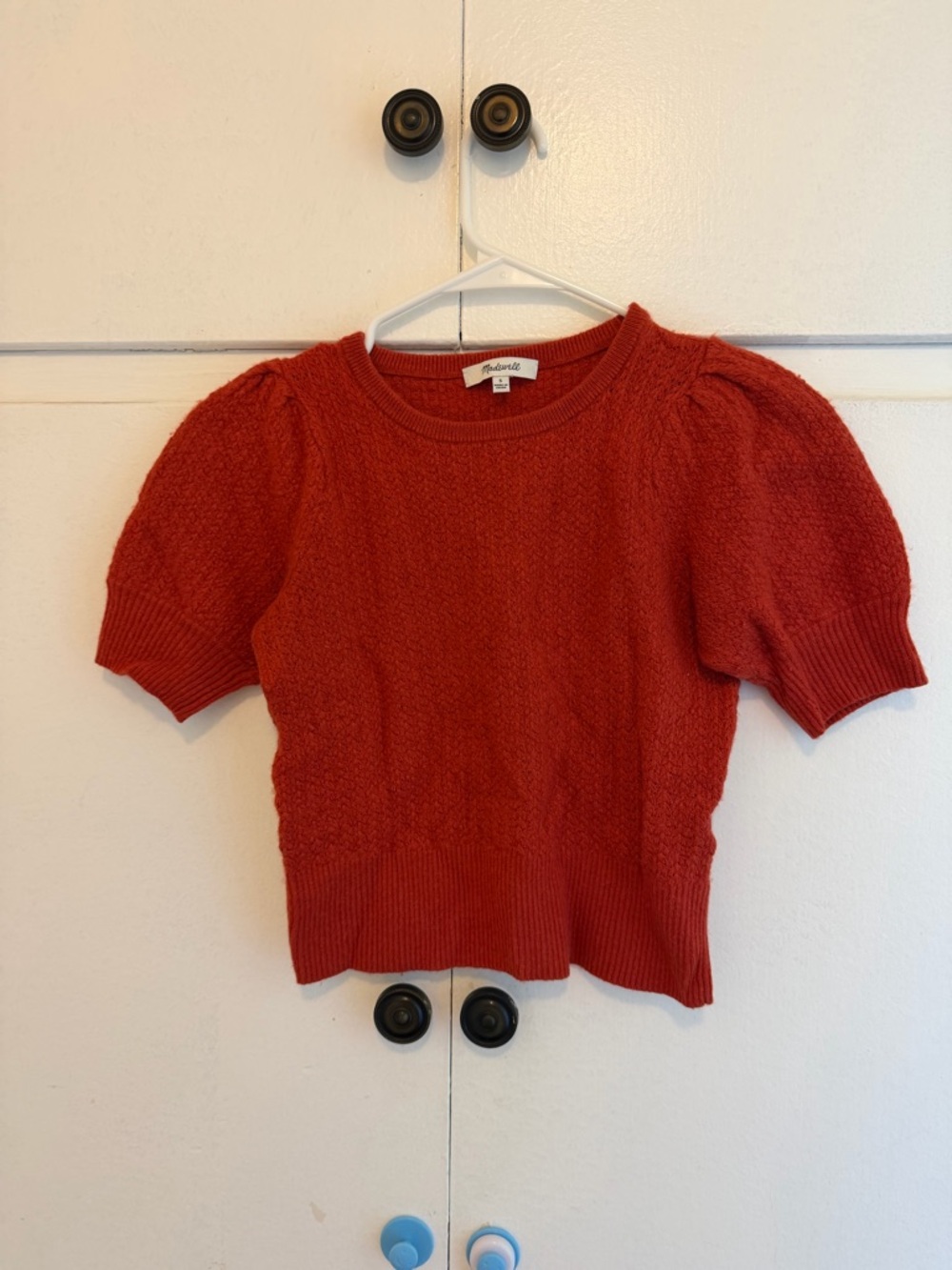 Madewell Orange Rust Short Puff Sleeve Cropped Sweater Librarian EUC